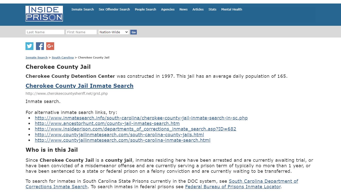 Cherokee County Jail - South Carolina - Inmate Search