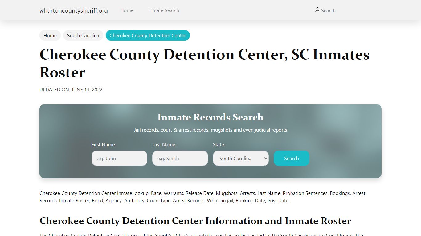 Cherokee County Detention Center, SC Jail Roster, Name Search